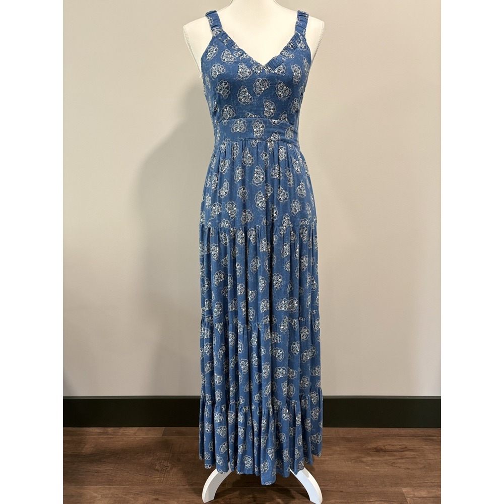Boho Tiered Maxi Dress Size Medium Blue Print V‑Neck Smocked Back Lined